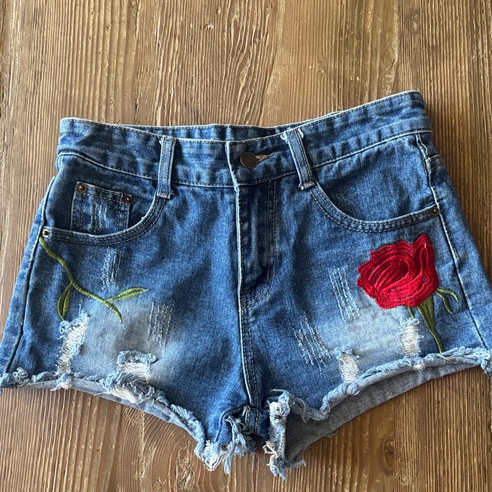 Stylish Blue Denim Shorts with Red Rose Detail medium 28”